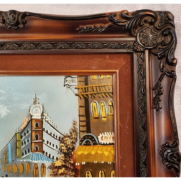 Alley Scene Hand Painted Signed Art Wood Carved Ornate Frame 15"x13" Kitty - Picture 3 of 10